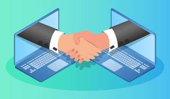 Business handshake.The concept of a transaction agreement and friendly communication using a laptop and the Internet.Isometric vector illustration.