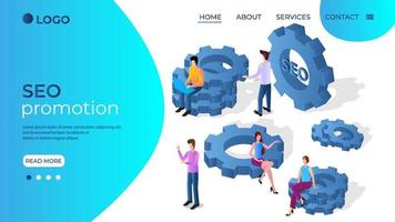 SEO promotion.Business mechanism and SEO promotion.Links of gears as a symbol of work.People are engaged in business promotion.Strategic analysis and business communication.Isometric vector image.