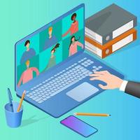 People communicate with each other using an online connection.Concept of online conference remote work of online negotiations.Isometric vector illustration