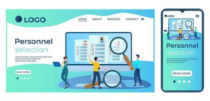 Personnel selection.The concept of a job search Agency.Recruitment agency.People on the big screen are studying resumes.The template of the landing page.flat vector illustration
