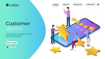 Isometric image of the customer service process.Assessment of the business activity rating.Formula feedback from customers.Evaluation of the app's performance by people, smartphone and stars rating. vector