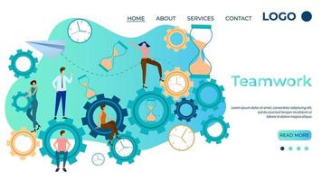 Teamwork.The concept of business development.A symbol of team partnership and collaboration.People are gears and clocks.Time control.The template of the landing page.Flat vector illustration.