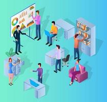 A team of businessmen analyze the data.The concept of teamwork and data accounting.Business and financing of projectors.Isometric vector illustration.