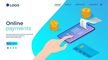 Online payments.A human hand using a smartphone to transfer funds.The concept of modern money transfer.Isometric vector illustration.The template of the landing page.