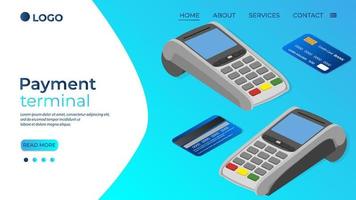 terminal de pago tarjeta de crédito y monedas.imagen isométrica de terminales de pago en diferentes ángulos y tarjetas de crédito.el concepto de pagos en línea y transferencias de dinero.ilustración vectorial. vector