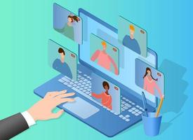 Online video conference.The concept of holding an online video conference.People use a laptop to communicate.Use of modern technologies for communication.Isometric vector illustration.