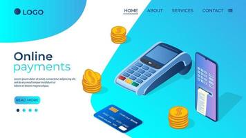 Online payments.Payment using a payment terminal and smartphone.Concept of online payments transfers and purchases.Isometric vector illustration.