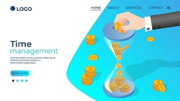 Time-management.A hand that throws money into an hourglass.The concept of time management, business activity and financial investments.Isometric vector illustration.The template of the landing page.