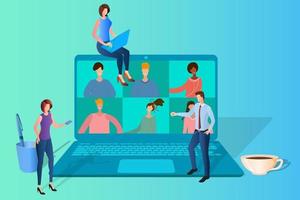 People hold an online conference.People on the background of a laptop with a webcam.The concept of freelancing remote work and doing business online.Isometric vector illustration.