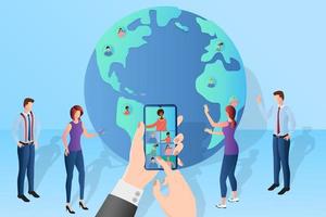 A group of businessmen hold an online video conference using a smartphone.Hands of a person with a smartphone on the background of the planet Earth.modern technologies of remote work and freelancing. vector