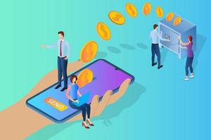 Online banking.People are engaged in banking operations using an app on their smartphone.The concept of modern technologies in the banking sector.Isometric vector illustration.