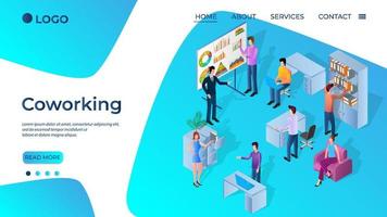 Coworking.A team of businessmen analyzes the data obtained.The concept of teamwork and data accounting.The business and financing of the projectors.Isometric vector illustration.Landing page template