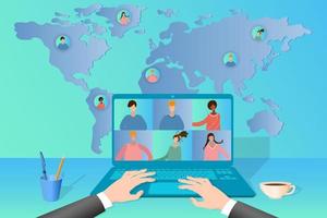 Business conference online.People communicate with each other using the Internet.Online training, remote work, freelancing.Virtual office on the background of the world map.Flat vector illustration.