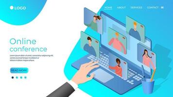 Online video conference.Concept of conducting an online video conference.People use a laptop to communicate.Use of modern communication technologies.ablon landing page. vector