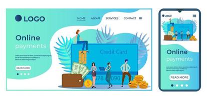 Online payments.People with credit cards on the background of a computer with a terminal and cash.The concept of fast money transfers.Template for landing pages and adaptations for smartphones. vector