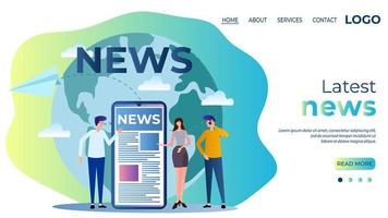 Latest news.Concept of international news.People involved in the production of news programs.Teamwork.The template of the landing page.Flat vector illustration.