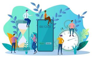 Time-management.People are checking their watches.The concept of controlling the time of teamwork and the search for ideas.Flat vector illustration.