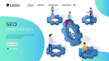 SEO promotion.Business mechanism and SEO promotion.Links of gears as a symbol of work.People are engaged in business promotion.Strategic analysis and business communication.Isometric vector image.