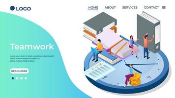 Teamwork and brainstorming.Isometric image of the people and the planning process.Time-management.People, folders, and papers.The concept of corporate communication. vector