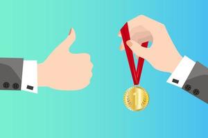 Medal for first place in the hand and the hand showing the class.The concept of victory, luck and perseverance.Flat vector illustration.