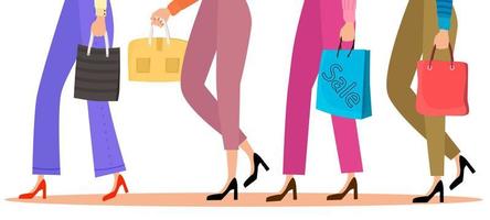 las mujeres jóvenes regresan después de la venta. clientes jóvenes felices con bolsas y bolsas en sus manos. el concepto de ventas y consumo, y comercio minorista. ilustración vectorial plana. vector