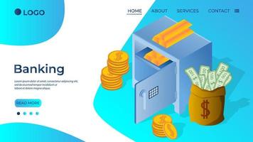 Banking.Bank safe gold bars coins and a bag of money.The concept of banking work.Financial activity .Banking security.Isometric vector illustration.Template.