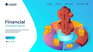 Financial investment.Dollar symbol infographic and dollar coins on a blue-green background.The concept of financial transactions.Design element.Isometric vector illustration.
