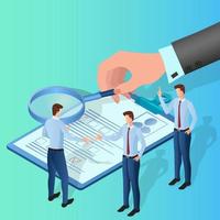 Personnel selection.People in the background of a questionnaire and a magnifying glass are engaged in hiring employees.The concept of selecting candidates for a new job.Isometric vector illustration.