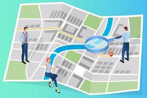 People study the map.A man using a magnifying glass examines the map.The concept of navigation positioning.Isometric vector illustration.