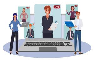 People hold a group meeting using a video conference.Freelance remote work using new technologies.It can be used for web design.Flat vector illustration.