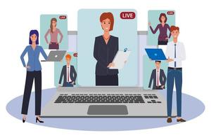 People hold a group meeting using a video conference.Freelance remote work using new technologies.It can be used for web design.Flat vector illustration.