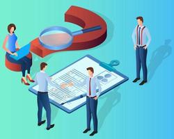 Personnel selection.People on the background of a large question mark.Concept of questions asked when applying for a job.Isometric vector illustration.