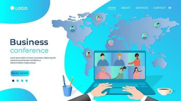 Business conference online.People communicate with each other using the Internet.Online training, remote work, freelancing.Virtual office on the background of the world map.Flat vector illustration