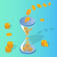 el tiempo es dinero. reloj de arena con dinero y monedas volando dentro. el concepto de gestión del tiempo y control financiero. una inversión financiera exitosa. ilustración vectorial isométrica. vector