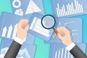 Business analytics.A businessman studies charts and graphs and evaluates a business.Concept over the business process.Flat vector illustration.