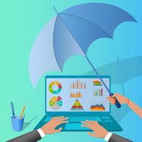 Business insurance.A hand with an umbrella covers a businessman.Concept of assistance and protection of business, business projects.Flat vector illustration.