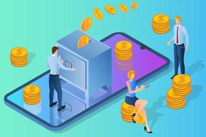 Online banking.People on the background of a smartphone are engaged in money transfers and banking operations.The concept of applying modern technologies in financial activities.Isometric vector