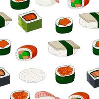 Seamless pattern of Japanese food.Sushi ,sashimi,rolls and fish on a white background.Flat vector illustration.