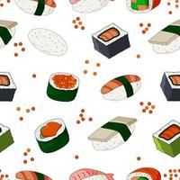 patrón sin costuras de comida japonesa.sushi, sashimi, rollos y pescado sobre un fondo blanco. ilustración vectorial plana. vector