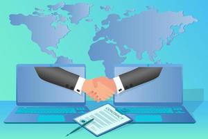 Handshake online.The signing of the contract with the help of online connection.The concept of modern business technologies.Isometric vector illustration.