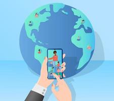A businessman holds an online video conference using a smartphone.Hands of a person with a smartphone on the background of the planet Earth.modern technologies remote work and freelancing.Flat vector