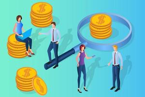 Search for financial investments.People on the background of coins and a magnifying glass.The concept of helping businesses.Financial contribution to the development of production.3D image. vector