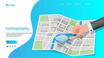 Cartography.A person studies the map.A man using a magnifying glass examines the map.The concept of navigation positioning.Isometric vector illustration.The template of the landing page.