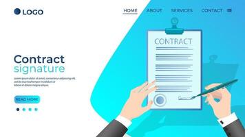 Contract signature.A businessman signs a contract.In the hands of a businessman, a fountain pen and a document.Business activity the concept of successful negotiations and agreements.Flat vector