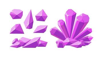 Pink crystal gemstones. Set of ruby crystal prisms and pieces with sparkling facets. Amethyst gems of various shapes. Vector illustration