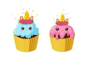 Unicorn cupcakes with icing. Kawaii fairy cakes in paper cup. Tasty desserts with horn and eyes. Vector illustration in cartoon style