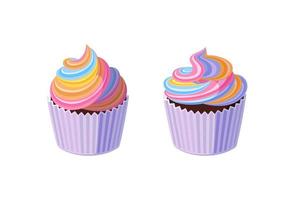 Cupcakes with swirled rainbow icing. Tasty muffins with colorful cream. Vector illustration in cartoon style