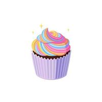 Cupcakes with swirled rainbow icing. Tasty muffin with colorful cream. Vector illustration