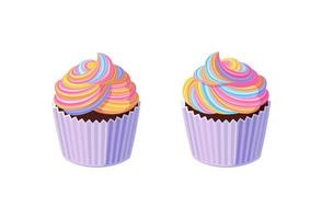 Cupcakes with swirled rainbow icing. Tasty muffins with colorful cream. Vector illustration in cartoon style