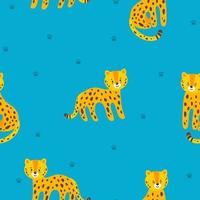 Seamless pattern with leopards and paw prints. Vector illustration in flat style